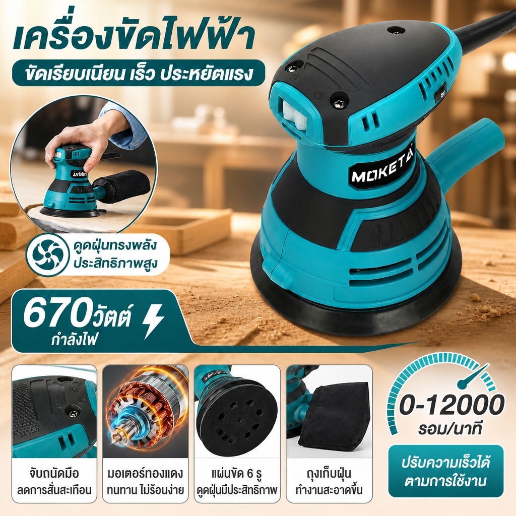 เครื่องขัดกระดาษทรายวงโคจร 5 นิ้ว 670W มอเตอร์ทองแดงแท้ ปรับความเร็วได้ 6 ระดับ ดูดฝุ่นดีเยี่ยม