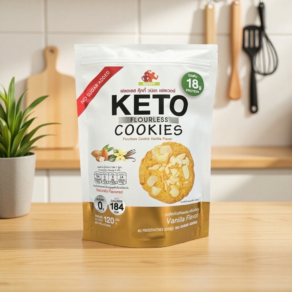 KETO Cookies Vanilla Flavor No Sugar Added คีโตคุกกี้รสวนิลา สำหรับผู้ที่ทานคีโต ผู้ควบคุมน้ำตาลและน้ำหนัก