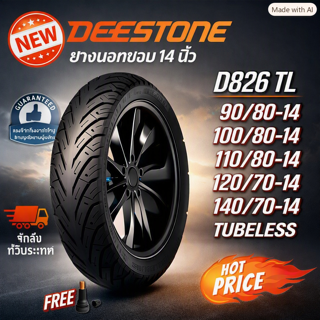 ยางมอเตอร์ไซค์ ขนาด 90/80-14 ,100/80-14 ,110/80-14 ,120/70-14 ,140/70-14 รุ่น D826 ชนิด TL ยี่ห้อ DE