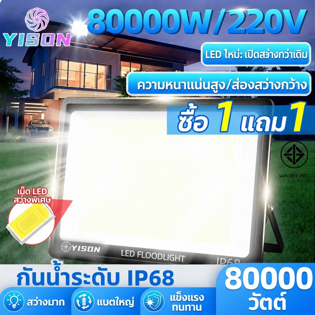 YISON รับประกัน 30 ปี สปอตไลท์ led 80000W IP68 กันน้ำกลางแจ้ง ป้องกันฟ้าผ่า spotlight รุ่นบางเฉียบ