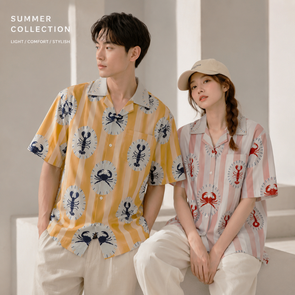 11.WOLF Seafood Pastel  Art Shirt  เสื้อต่อลาย เสื้อแขนสั้น เสื้อเชิ้ต เสื้อฮาวาย  ลายซีฟู้ดพาสเทล/ H333