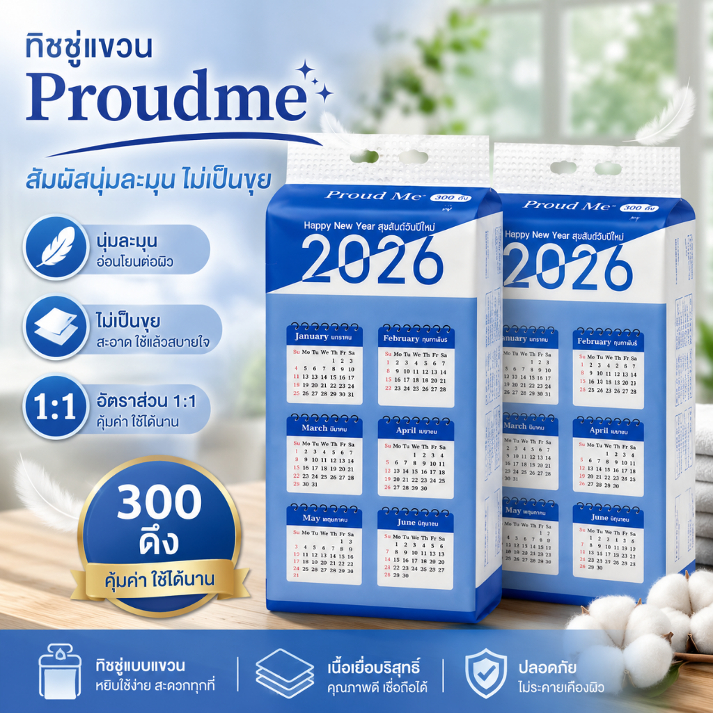 กระดาษทิชชู่ลายปฎิทินสีฟ้า ทิชชู่Proudme ทิชชู่แบบแขวน สัมผัสนุ่มละมุนไม่เป็นขุย 300ดึง D83