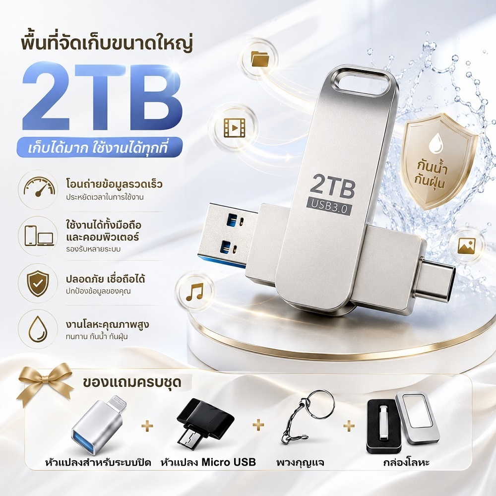 แฟลชไดรฟ์ USB 2TB ขนาดกะทัดรัด สำหรับจัดเก็บข้อมูลและถ่ายโอนไฟล์ ใช้งานสะดวก พกพาง่าย เหมาะสำหรับทำงานและเรียน