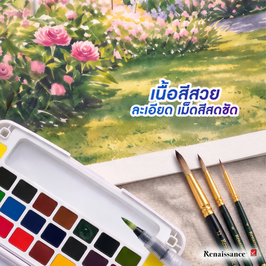 Renaissance สีน้ำ สีน้ำก้อนระดับอาร์ตติส 12 สี จำนวน 1 กล่อง — صورة 4