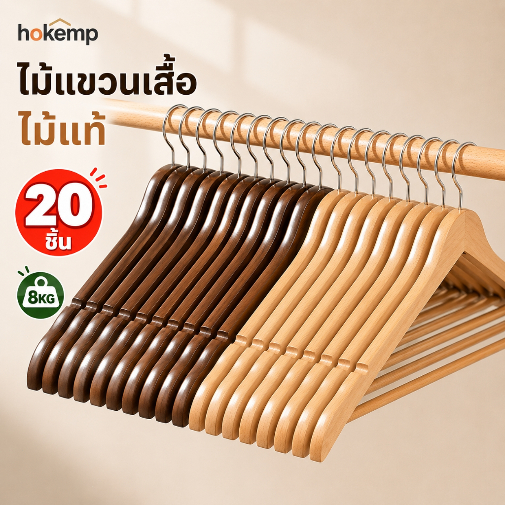 HOKEMP ไม้แขวนเสื้อไม้แท้ 20ชิ้น แข็งแรง รับน้ำหนัก 8KG สำหรับเสื้อสูท เสื้อโค้ท