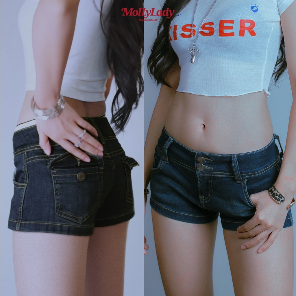 Molly Lady Jeans Shorts กางเกงขาสั้น ยีนส์ เอวต่ำ สีน้ำเงินเข้ม ผ้ายีนส์แท้ กระเป๋าหลัง Denim
