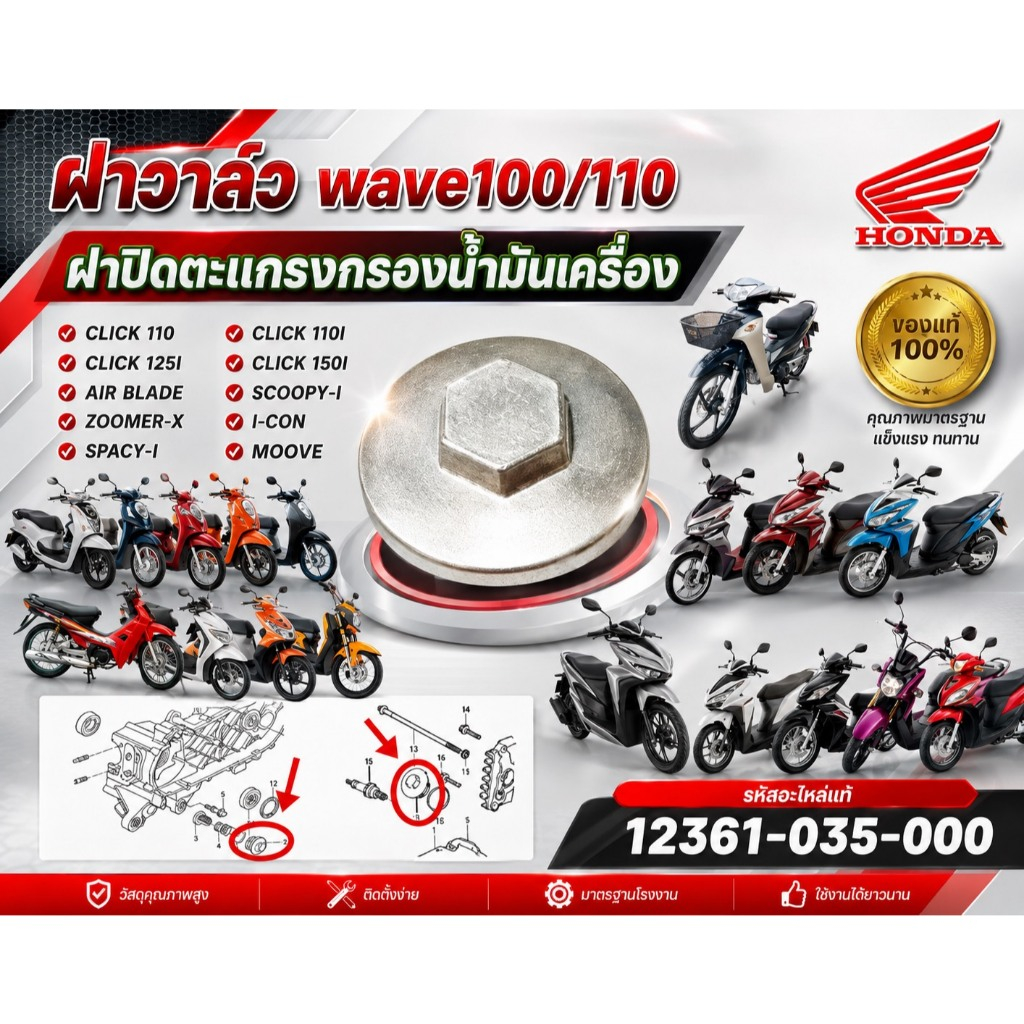 ฝาวาล์ว wave100/110 /ฝาปิดตะแกรงกรองน้ำมันเครื่อง CLICK-110 /CLICK-125I รหัส12361-035-000 แท้ศูนย์