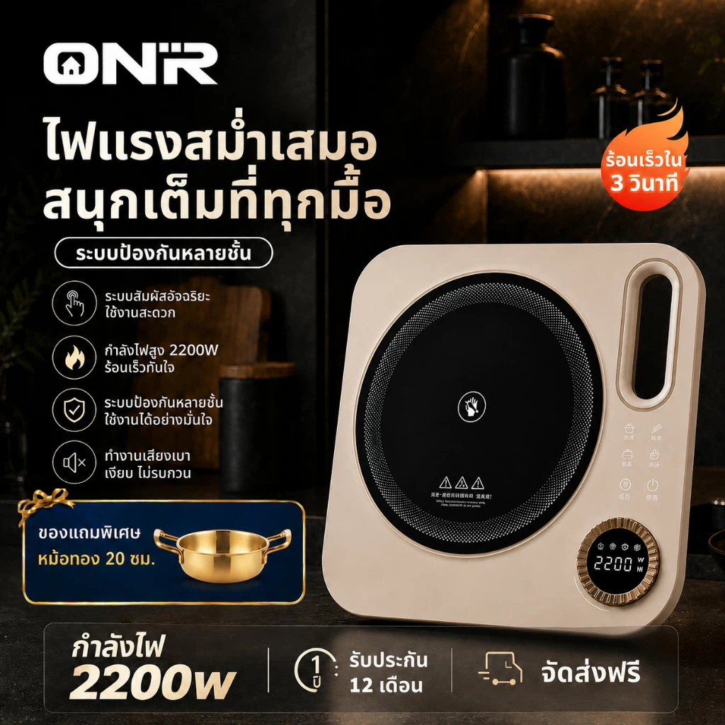 ONR เตาเซรามิคไฟฟ้า เตาเซรามิก 2200W 5 ฟังก์ชัน ปรับไฟได้ ตั้งเวลาได้ ใช้ได้กับหม้อทุกชนิด ประหยัดไฟ