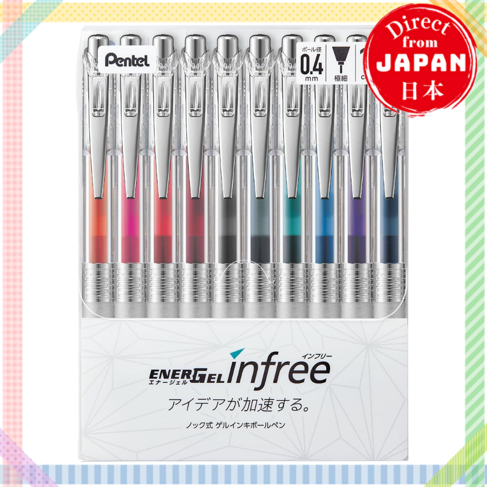 Pentel ENERGEL infree ปากกาเจล 10 สี 0.4mm 0.5mm 0.7mm ด้ามใส BLN74TL-10 BLN75TL-10 BL77TL-10