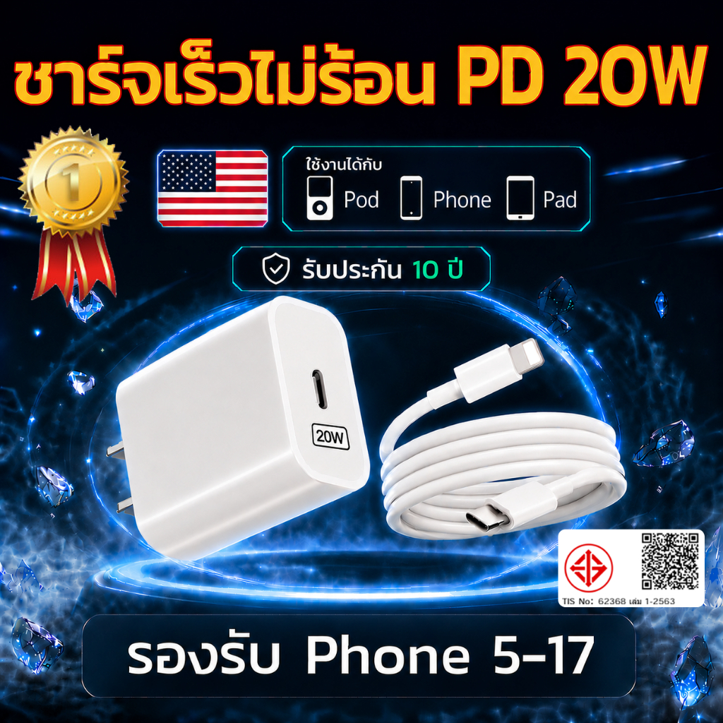 นำเข้าแท้ ต้นตัว หัวชาร์จเร็ว + สายชาร์จเร็ว PD 20W charger ชุดชาร์จ Fastcharger C-L รองรับรุ่น 5-17