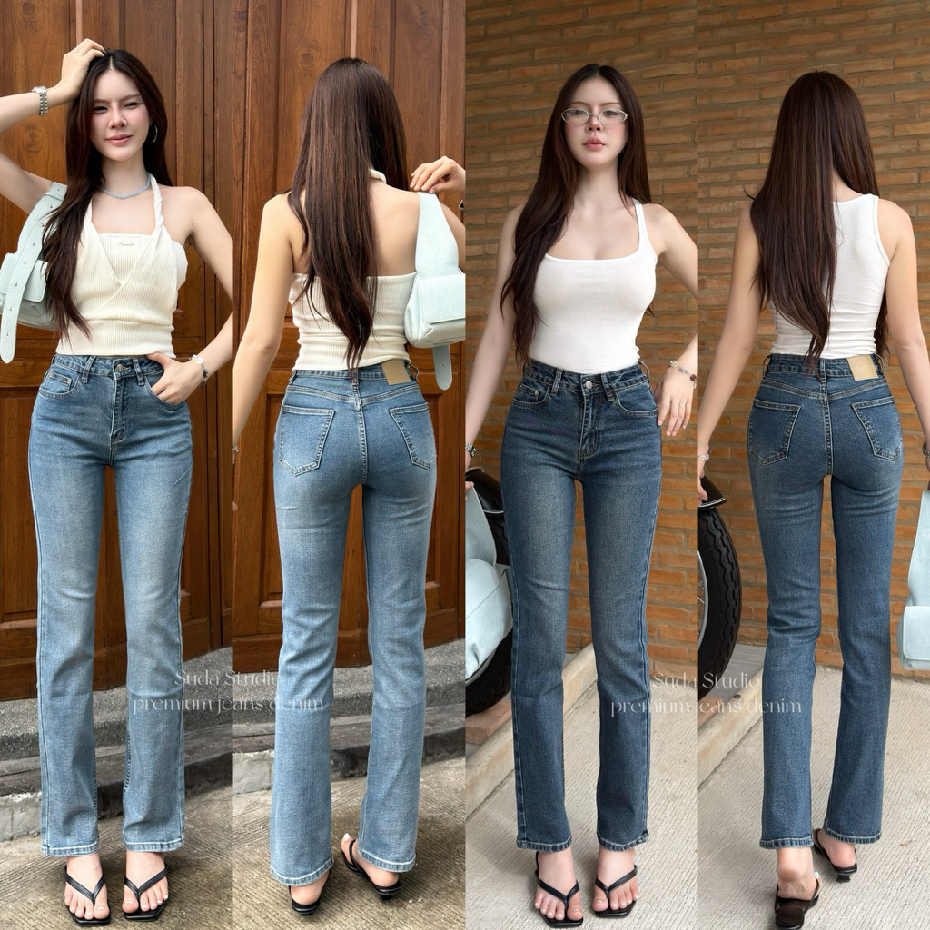 Suda Studio - SD3212 | SD3212-1 กางเกงยีนส์ทรงกระบอกเล็ก เอวกลาง ผ้ายืด “ซิป YKK” (เจาะกระดุมทุกตัว)