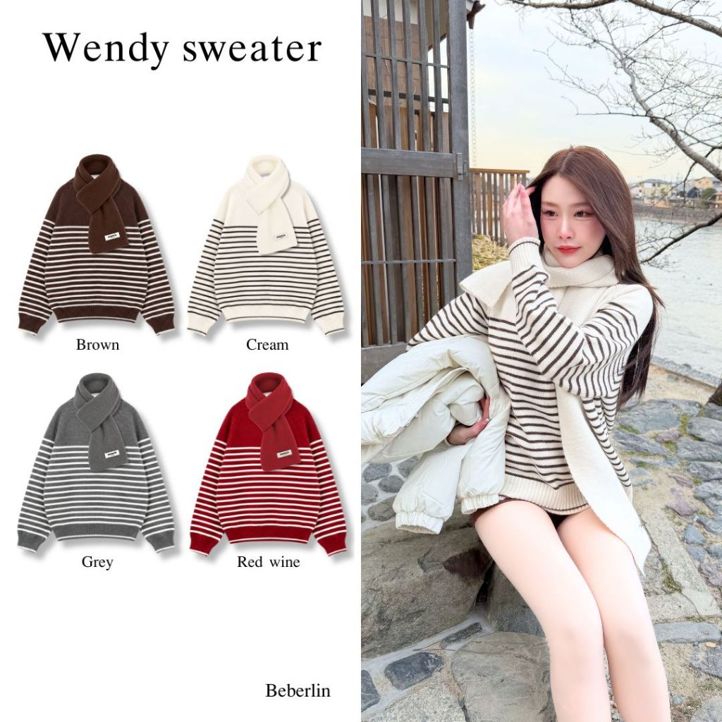 Beberlin เสื้อสเวตเตอร์ลายทาง+ผ้าพันคอ รุ่น Wendy sweater / No : 1009