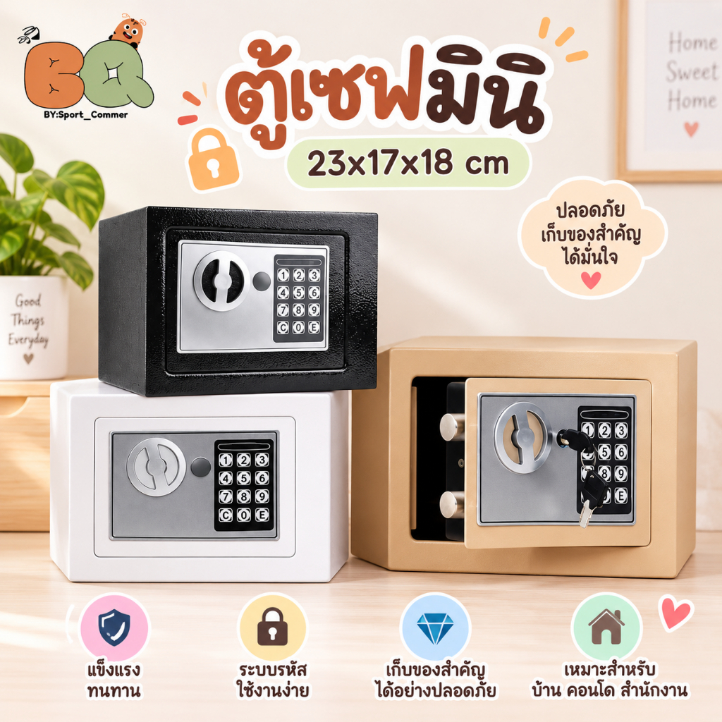 ตู้เซฟมินิ ตู้เซฟนิรภัยอิเล็กทรอนิกส์ ขนาด 23x17x18 ซม. ตู้เก็บของมีค่า ระบบรหัสผ่าน กุญแจ 2 ดอก