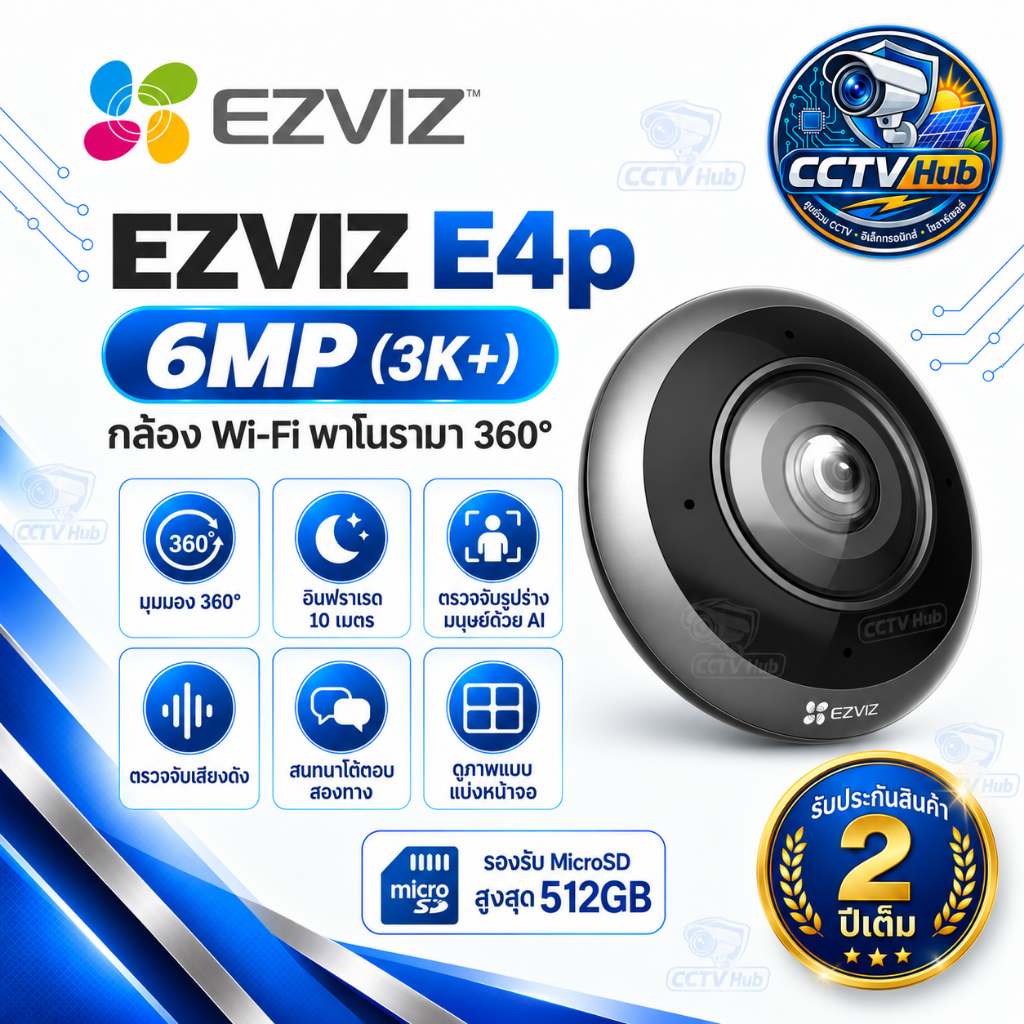 EZVIZ E4P 6MP กล้องดูดูมุมตาปลา 360° AI ตรวจจับมนุษย์ Two-Way Talk Type-C รองรับ MicroSD 512GB ประคั