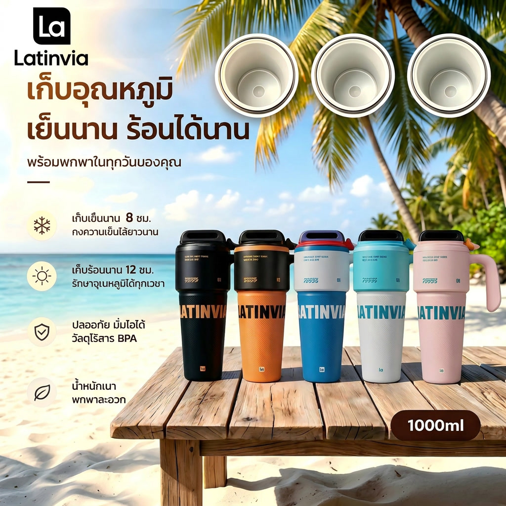 LATINVIAขวดน้ำเก็บความเย็น/ร้อนนี้ช่วยรักษาอุณหภูมิของเครื่องดื่มให้ร้อนหรือเย็นได้ มีซับในเคลือบเซรามิกและความจุ 1000 ม