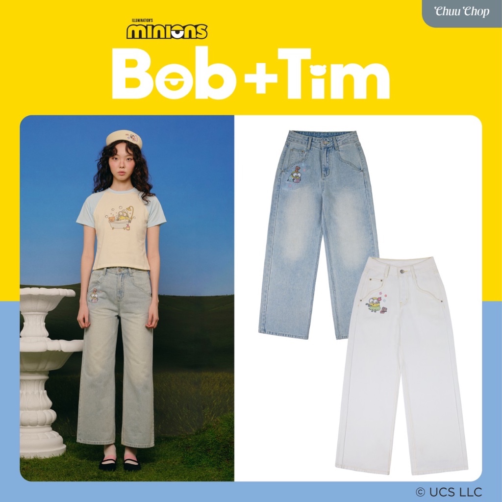 CHUUCHOP | XS-6XL | Minions Banoffee Jeans กางเกงยีนส์กระบอกกลาง ทรงสวย เอวกลาง สกรีนลายมินเนี่ยน (CM007)