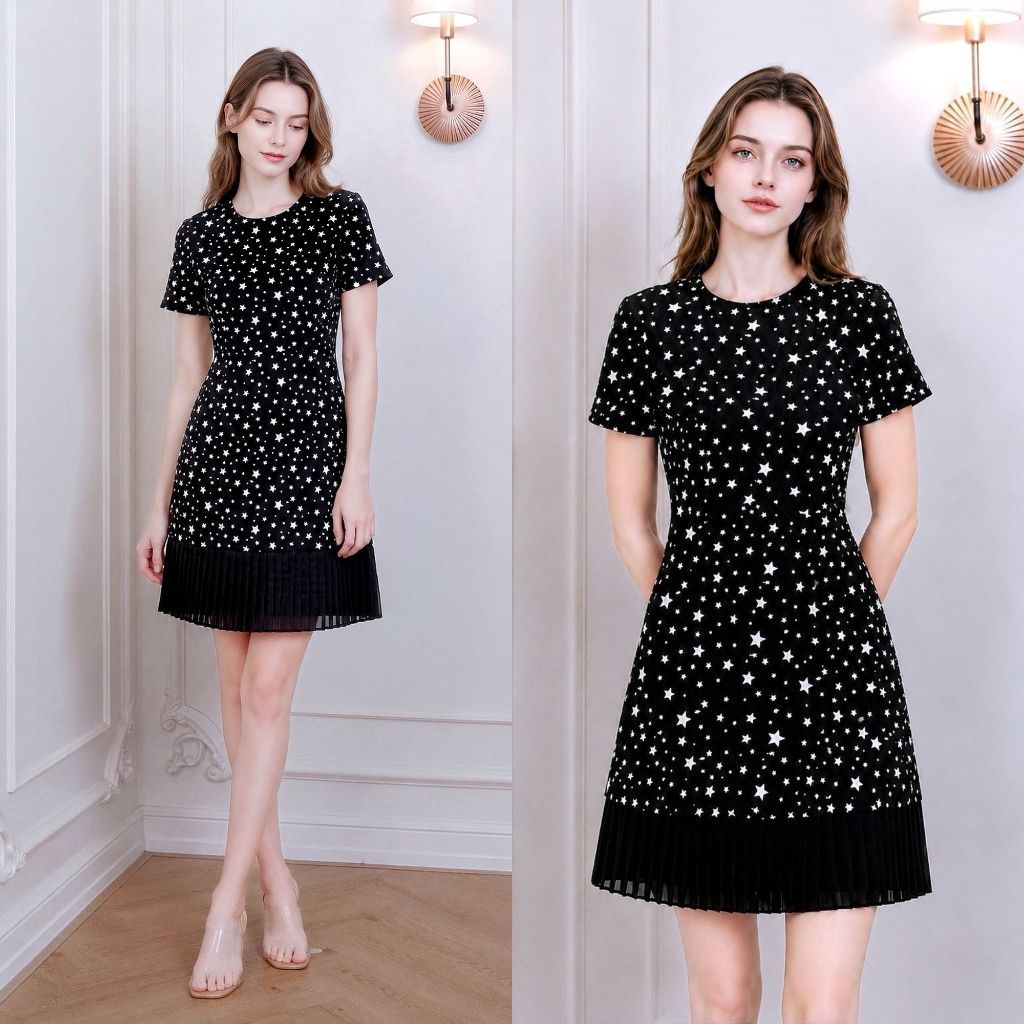 Cheryl brand - Alice Pleated Dress in Black Star Print / เดรสสีดำลายพิมพ์ดวงดาว ชายกระโปรงพลีท
