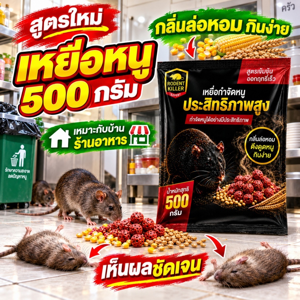ยากำจัดหนู 500 กรัม เหยื่อหนูสูตรเข้มข้น กินง่าย เห็นผลไว ใช้ควบคุมหนูในบ้าน โกดัง ฟาร์ม ร้านอาหาร