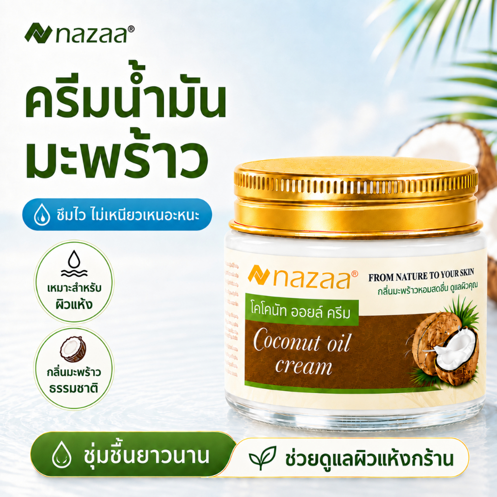 NAZAA ครีมน้ำมันมะพร้าว 50g/100g Coconut Oil Cream บำรุงผิวแห้งกร้าน ชุ่มชื้น ซึมเร็ว ไม่เหนียว มือ เท้า ข้อศอก