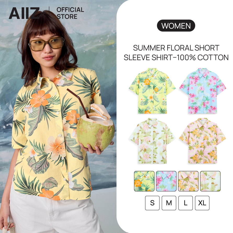 AIIZ Songkran Traveler เสื้อเชิ้ตซัมเมอร์ลายดอก ทรง Crop คอตตอน 100%