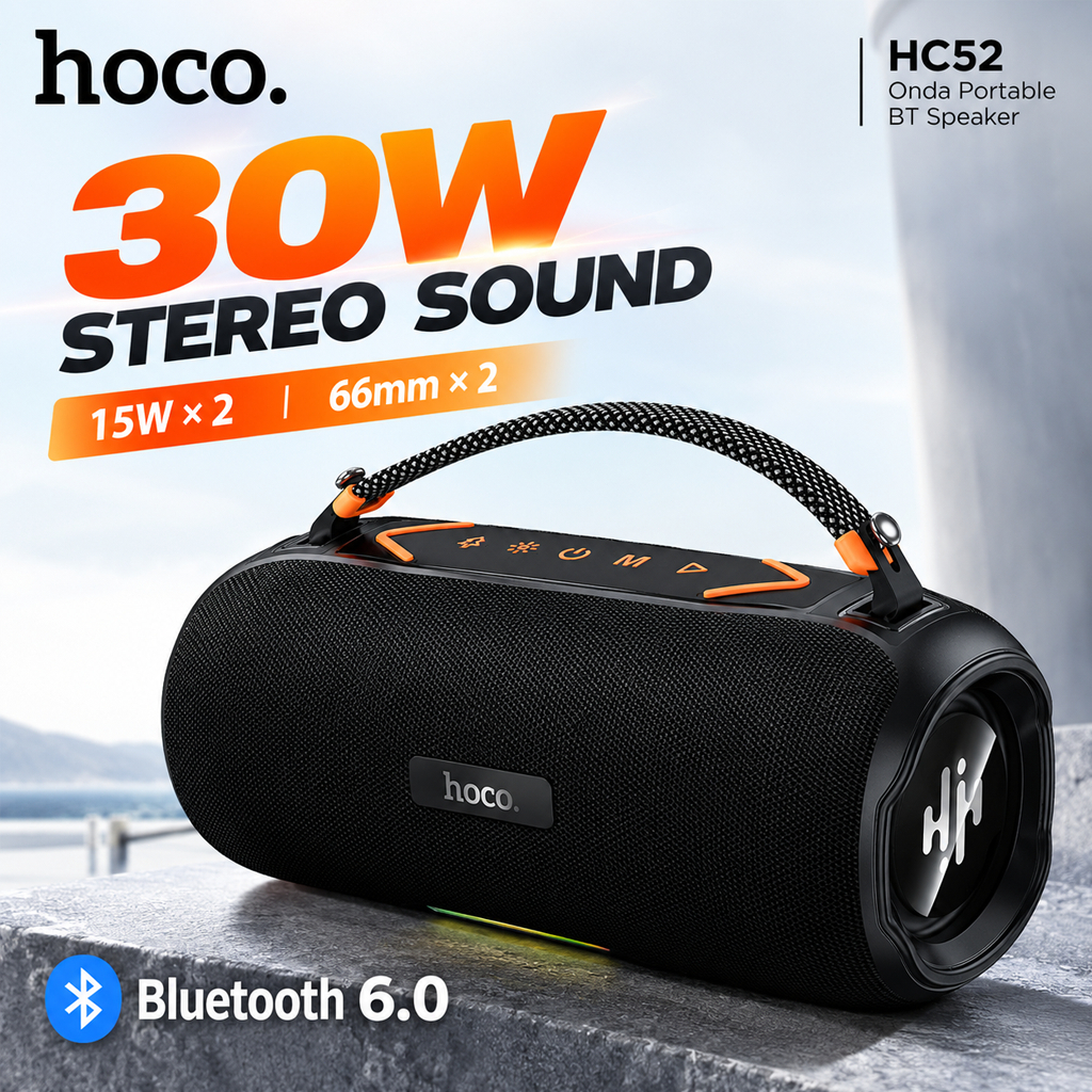 HOCO HC52 ลำโพงบลูทูธ 30W Onda Portable Speaker Bluetooth 6.0 เสียงสเตอริโอ 2 ลำโพง รองรับ TWS FM USB TF Card AUX แบต 24