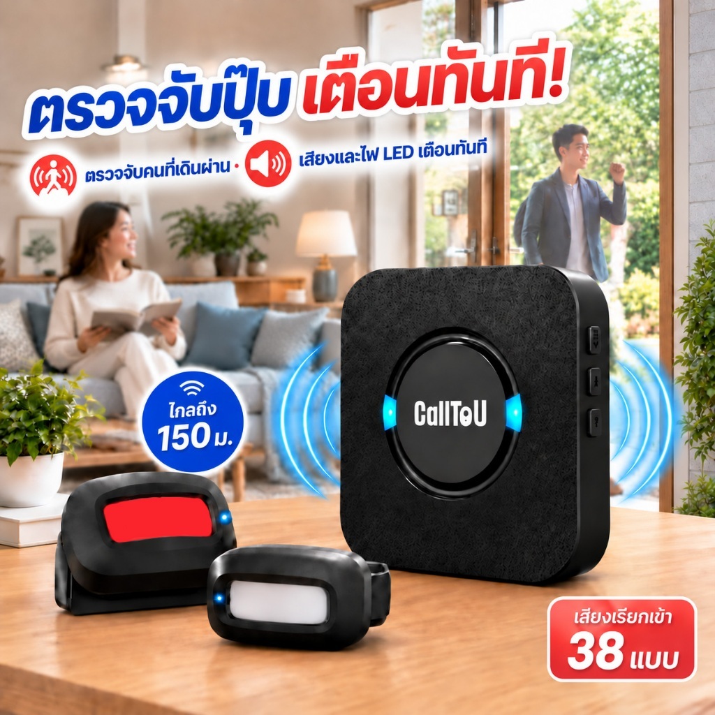 CallToU motion sensor เซ็นเซอร์ประตู ระบบตรวจจับการเคลื่อนไหวด้วยเซ็นเซอร์ 500 ฟุต สำหรับบ้าน/ผู้สูงอายุ/ผู้ป่วย