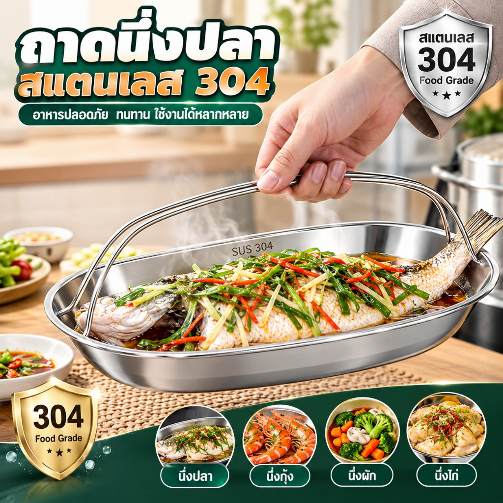 จานนึ่งปลาสแตนเลส SUS304 มีหูจับไม่ร้อนมือ อเนกประสงค์ ทนกัดกร่อน จานนึ่งซีฟู้ด จานใส่อาหาร สำหรับใช้ในบ้าน ร้านอาหาร
