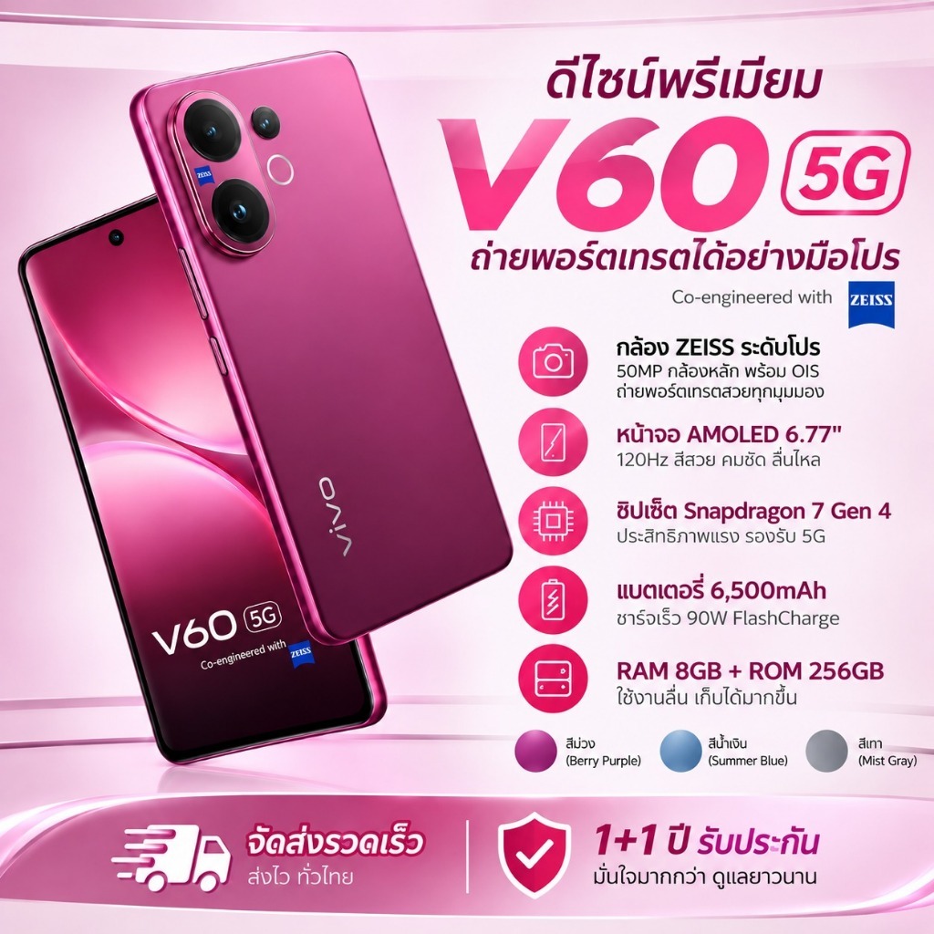 V60 5G 8GB+256GB สมาร์ทโฟน หน้าจอ AMOLED กล้อง ZEISS 50MP แบตเตอรี่ 6500mAh