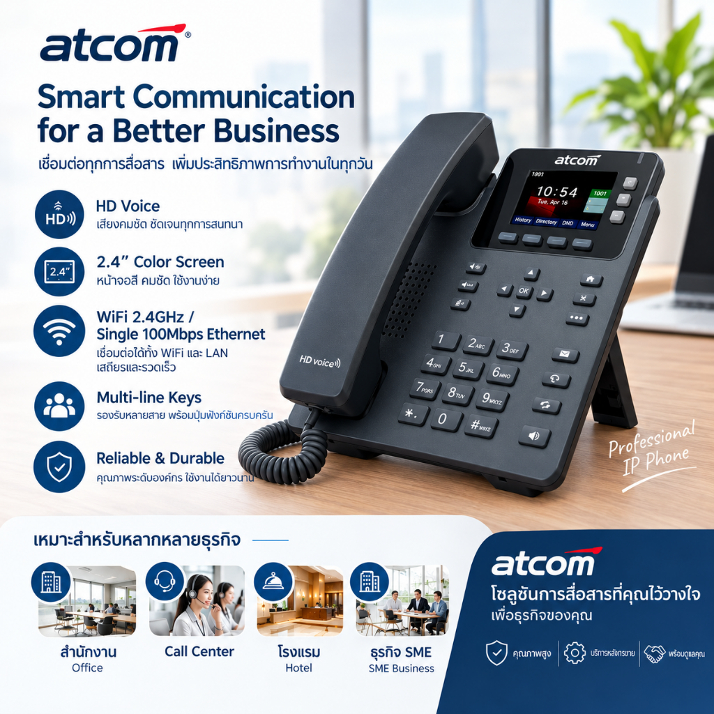 โทรศัพท์อินเตอร์เน็ตไร้สาย ATCOM WiFi IP Phone จอสี D3SW, มาพร้อม Adapter, รับสัญญาณ Wi-Fi 2.4GHz