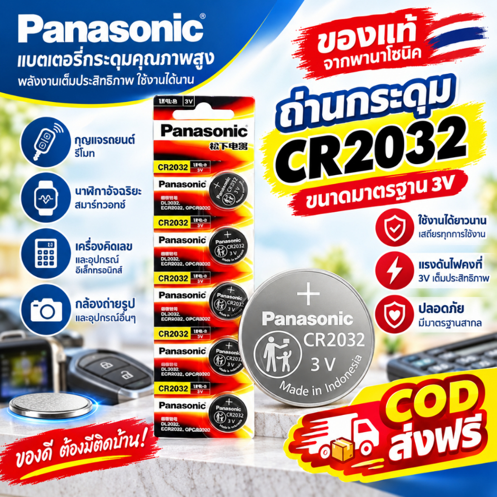 ถ่านกระดุม Panasonic รุ่น CR2032.CR2032 ถ่านกระดุม 3V ถ่านลิเธียม สำหรับกุญแจรถยนต์ นาฬิกา เมนบอร์ดคอมพิวเตอร์ แพ็ค 5 ก้