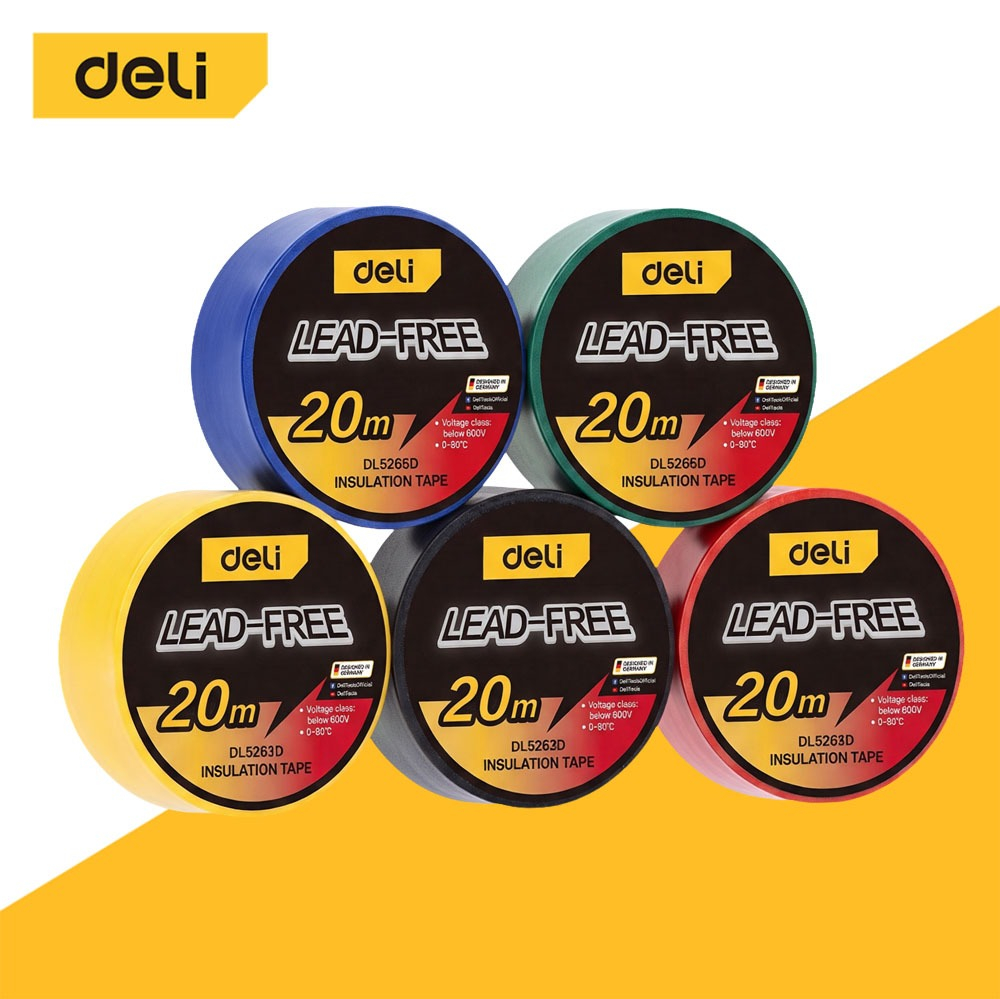 Deli เทปดำพันสายไฟ เทปฉนวนไฟฟ้า พันสายไฟรถยนต์ ปลอดภัย กันน้ำ ติดแน่น ยาว20ม 5สี Insulation Tape