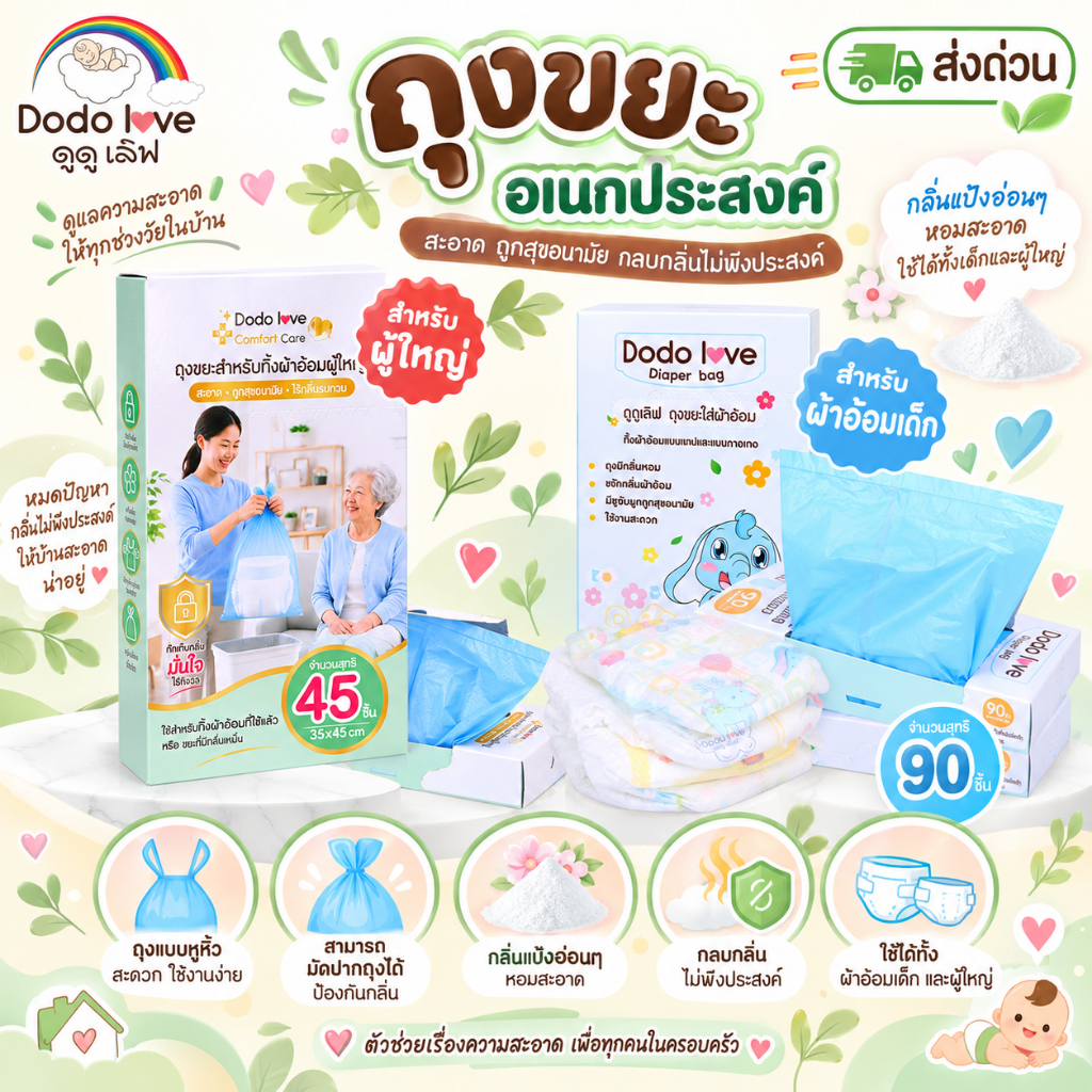ส่งด่วน DoDolove X MommyKids ถุงขยะอเนกประสงค์ ถุงขยะเก็บผ้าอ้อมสำหรับเด็ก/ผู้ใหญ่ กลิ่นหอม พร้อมส่ง