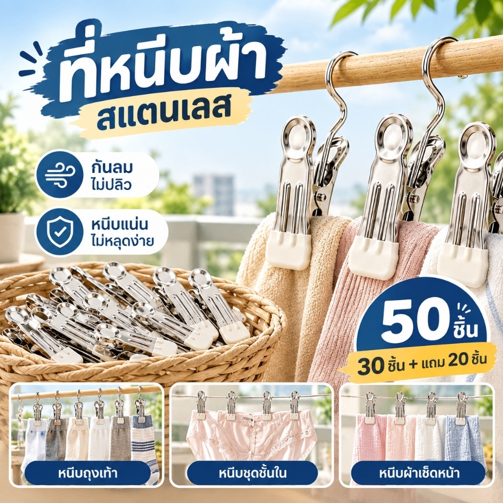 ที่หนีบผ้า คลิปหนีบผ้า อุปกรณ์ตากผ้า สเตนเลส แข็งแรง กันลื่น สำหรับตากถุงเท้า ชุดชั้นใน ผ้าเช็ดหน้า ประหยัดพื้นที่