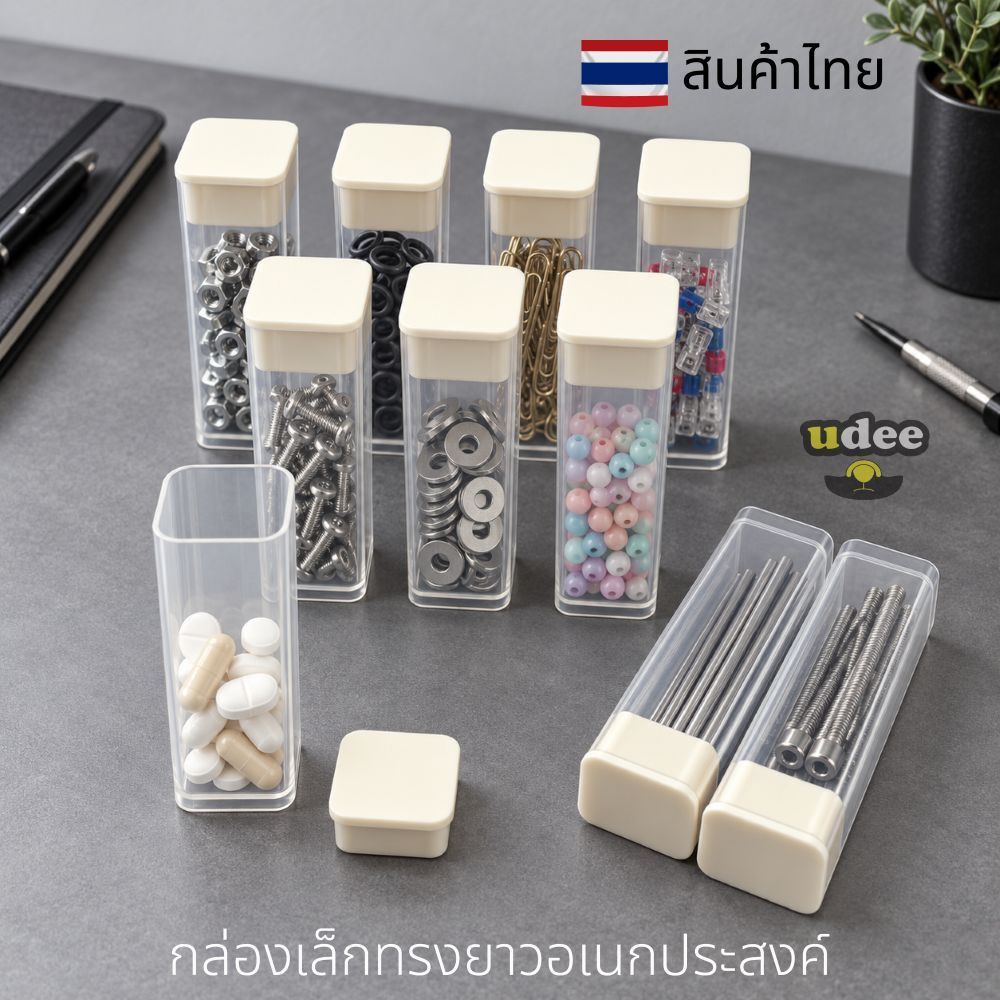UDEE กล่องเล็กทรงสูง_ใส่ของอเนกประสงค์_ขาวขุ่นเห็นของที่จัดเก็บ_ฝาสีครีมมินิมอล_เก็บของชิ้นเล็กๆ