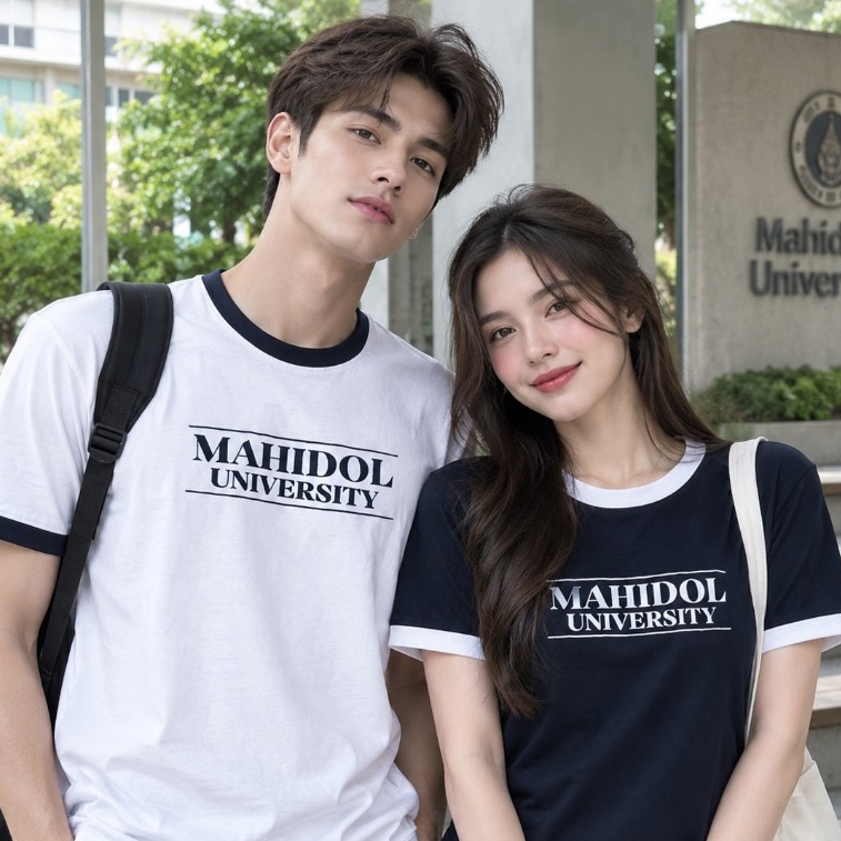 เสื้อยืดแขนกุ๊น คอกุ๊น MU เสื้อยืดสีขาว สีดำ Mahidol University