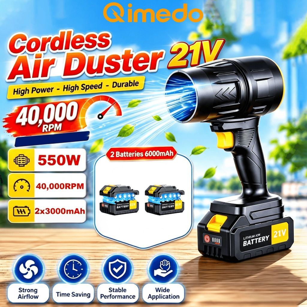 Qimedo เครื่องเป่าลมไร้สาย พกพา กำลังสูง550W มอเตอร์บัสเลส เครื่องเป่าใบไม้ กำจัดฝุ่น ใช้มือถือ ทำสวน-ทำความสะอาดรถ