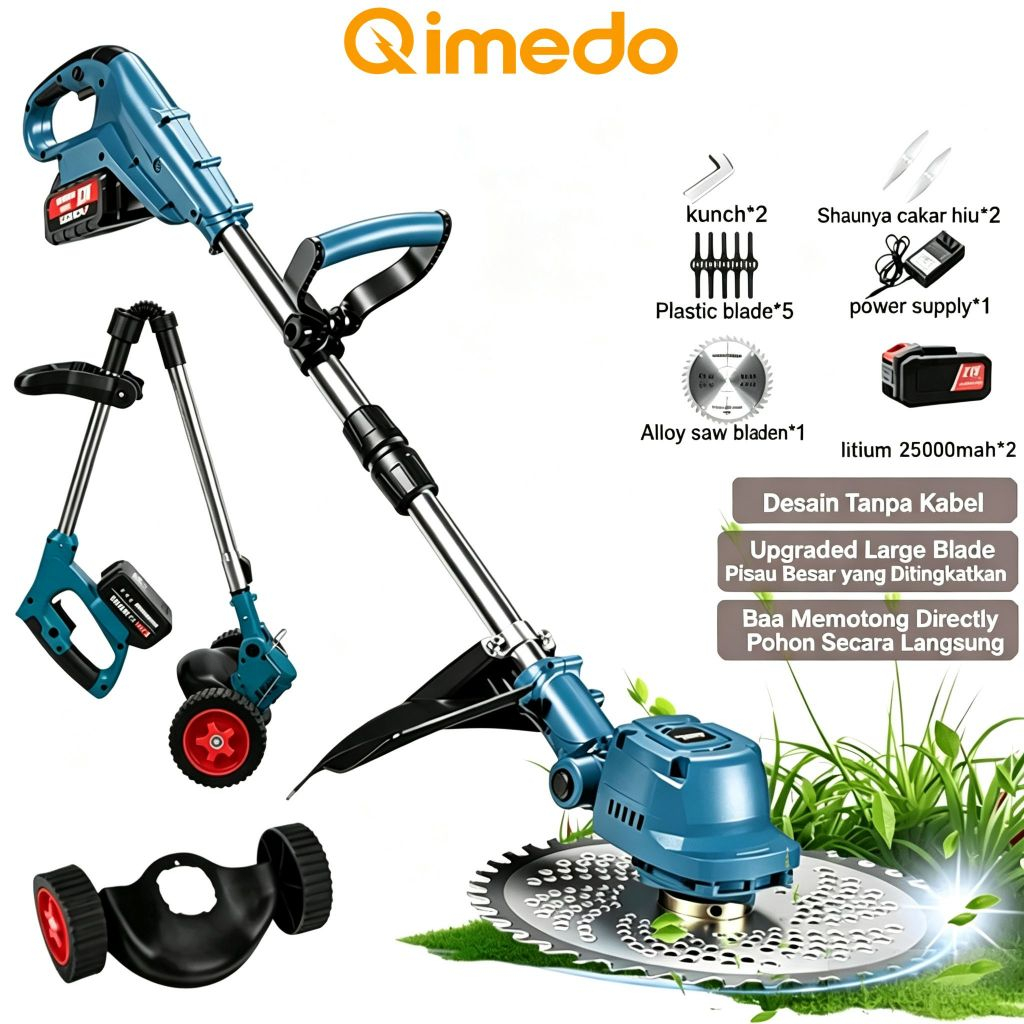 Qimedo เครื่องตัดหญ้าไฟฟ้า24V ไร้สาย 4-in-1 ด้ามยืด90-135ซม. ความเร็ว18000รอบ แบต2ก้อน เครื่องกินวัชพืช-ตัดข