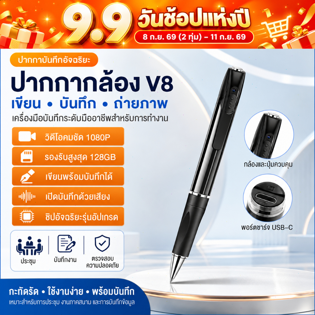 กล้อง V8 Body Mini กล้องปากกา HD กล้องแบบพกพาบันทึกเสียงไร้สายกล้องประชุมคลิกเดียว