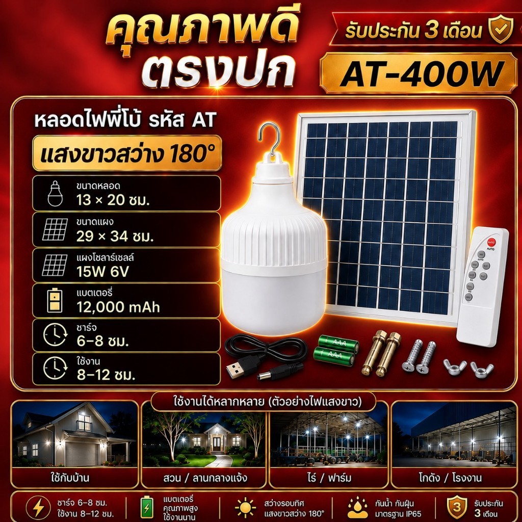 400W ไฟตุ้ม แสงขาว PAYDAY ลดสุดๆ โซล่าเซลล์ หลอดพี่โบ้ Solar Light หลอดไฟ พลังงานแสงอาทิตย์ พี่โบ้ ขายดี