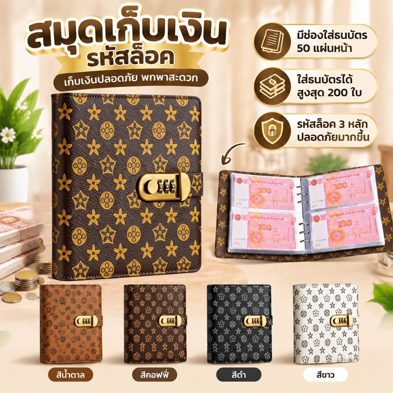 สมุดออมเงินท้าทาย 200 ซอง มีล็อครหัสผ่าน ปกหนังPUกันน้ำ ใส่ธนบัตรได้ 4สีให้เลือก สมุดเก็บเงินครอบครัวนำกลับมาใช้ใหม่ได้