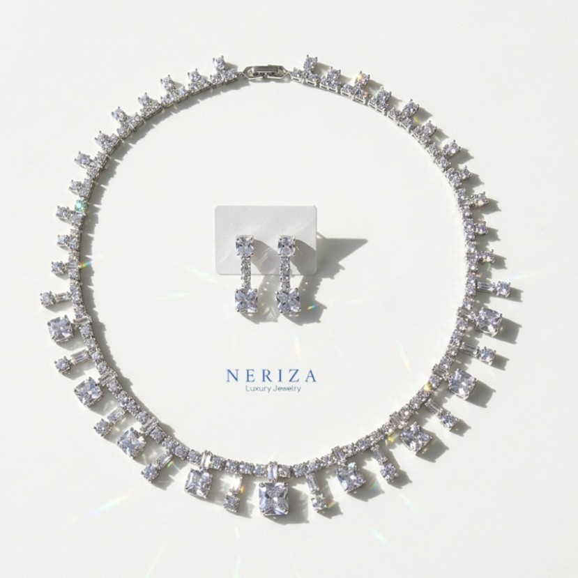 Neriza Jewelry/เครื่องประดับเจ้าสาวเพชรสังเคราะห์สร้อยคอ ต่างหูจัดส่งพร้อมกล่อง NSW002