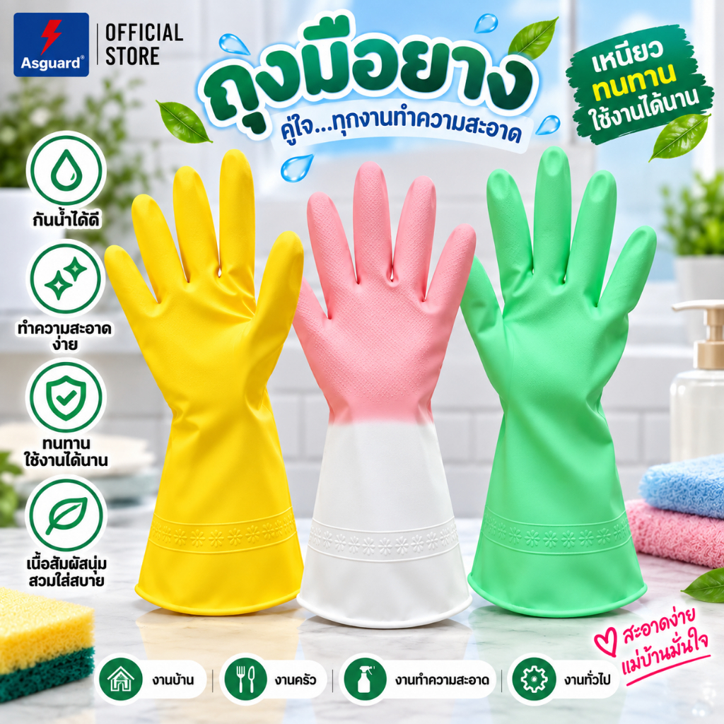 ถุงมือแม่บ้าน PVC เกรดหนาพิเศษ| กันน้ำ กันน้ำมัน ทนทาน| ขนาดยาว ปลอดภัยทุกการใช้งา ASGUARD
