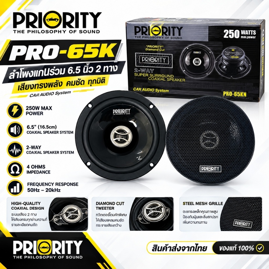 ลำโพงแกนร่วม 6.5 นิ้ว PRIORITY PRO-65KN ใช้กับวิทยุเดิม หรือเปลี่ยนวิทยุใหม่ แหลมใส กลางชัด คุ้มราคา