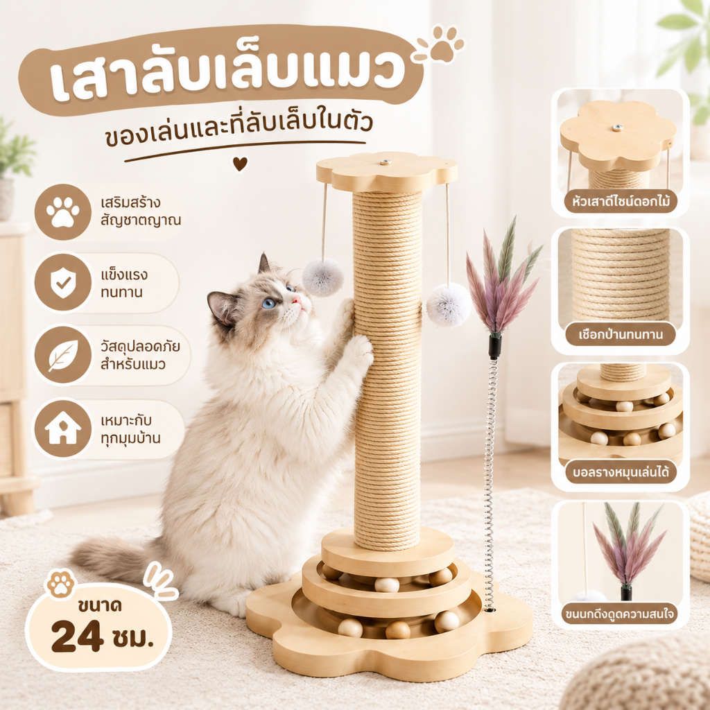เสาลับเล็บแมว 4in1 ที่ฝนเล็บแมว พร้อมของเล่น บอลแขวน ขนนก และบอลราง 3 ชั้น ดีไซน์กะทัดรัด ประหยัดพื้นที่