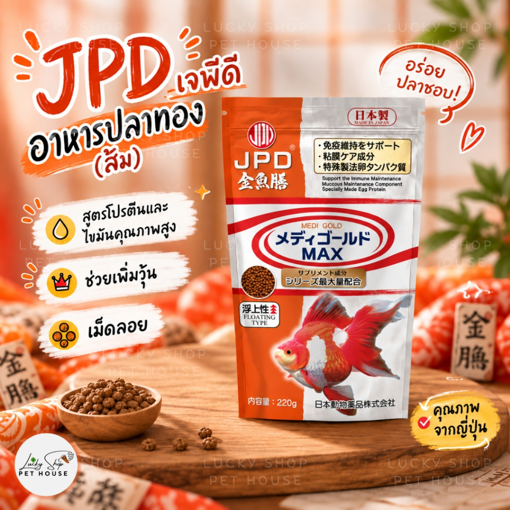 JPD Medi Gold Max อาหารปลาทอง (ซองส้ม) เม็ดลอย สูตรโปรตีนและไขมันคุณภาพสูง ช่วยเพิ่มวุ้น (เจพีดี)