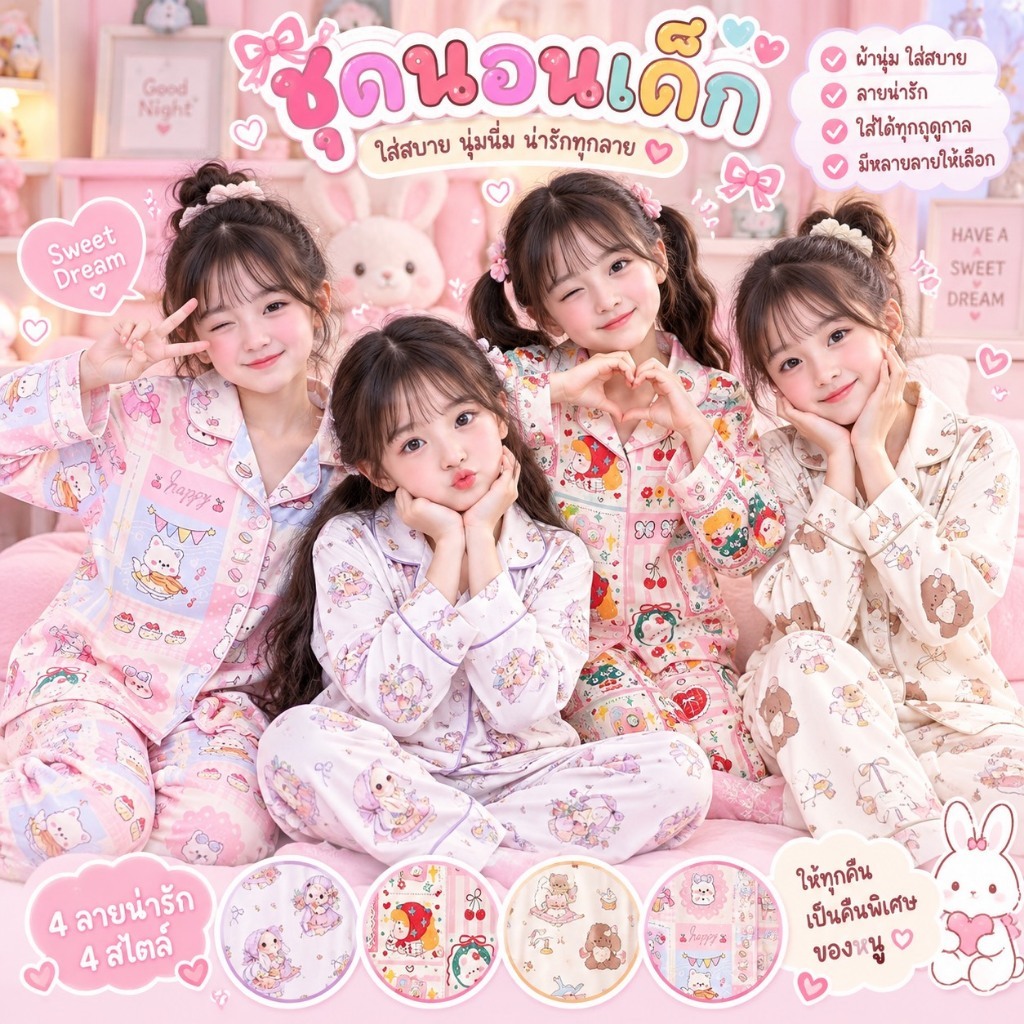 MC168 ชุดนอนเด็กผู้หญิงสไตล์หวาน ลายการ์ตูนน่ารัก ชุดนอนแขนยาวขายาว สำหรับเด็ก