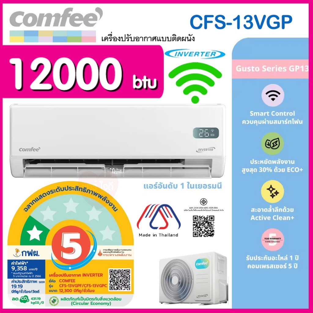 ★ผ่อน 0%‼️แอร์ COMFEE by Toshiba 12000 btu(+WIFI) รุ่น13VGP AI+อินเวอร์เตอร์ มีระบบล้างตัวเอง ประกัน