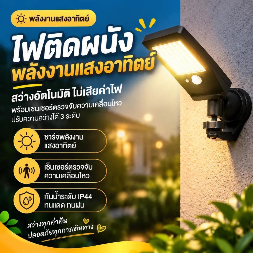 โคมไฟโซล่าเซลล์แม่เหล็กดูด ชาร์จแสงอาทิตย์ฟรี 3 ระดับความสว่าง ตรวจจับคน 3-5ม. กันฝน IP44 ติดตั้ง 3 วิธี