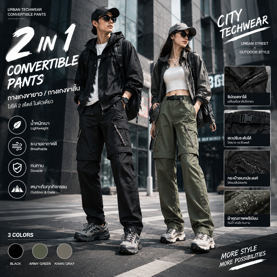 [COD]กางเกงคาร์โก้ผู้ชาย 2 IN 1 Convertible Pants กางเกงขายาวถอดขาได้ กางเกงเดินป่า Outdoor Travel P