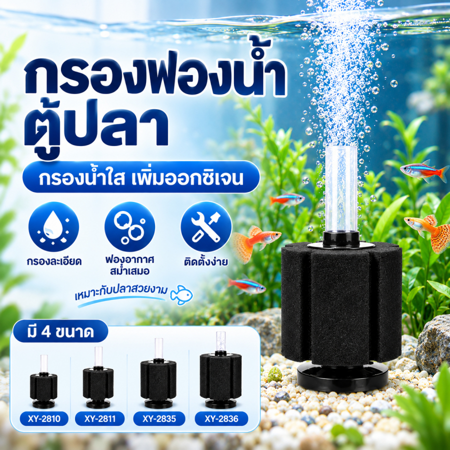 กรองฟองน้ำตู้ปลา ใช้ต่อปั๊มลม เพิ่มออกซิเจน กรองน้ำใส สำหรับปลาสวยงาม รุ่น XY-2810/2811/2835/2836